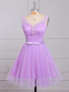 Mini Length Lace Up Damas Dress Lilac for Prom and Party and Wedding Party with Appliques and Belt
