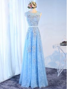 Dynamic A-line Prom Evening Gown Baby Blue Scoop Tulle Sleeveless Floor Length Zipper