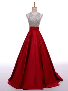Wine Red A-line Scoop Sleeveless Elastic Woven Satin Backless Beading Juniors Evening Dress