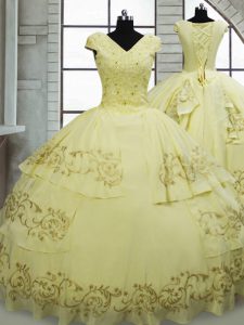 Exquisite Brush Train Ball Gowns Vestidos de Quinceanera Light Yellow V-neck Satin and Chiffon Cap Sleeves Lace Up