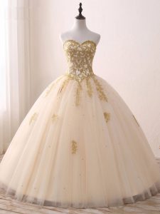 Champagne Ball Gowns Sweetheart Sleeveless Tulle Floor Length Lace Up Beading and Lace and Appliques Quinceanera Dresses