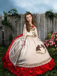 White And Red Sleeveless Beading and Embroidery and Ruffles Lace Up Pageant Gowns For Girls