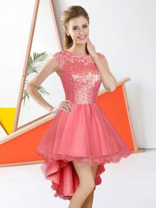 Hot Sale Organza Bateau Sleeveless Backless Beading and Lace Bridesmaid Dress in Watermelon Red