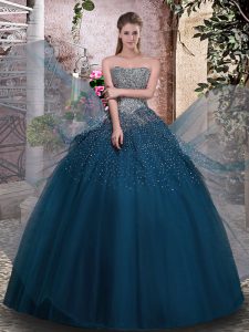 Spectacular Teal Sleeveless Tulle Lace Up Sweet 16 Quinceanera Dress for Military Ball and Sweet 16 and Quinceanera