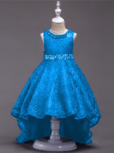 High Low A-line Sleeveless Blue Flower Girl Dress Lace Up