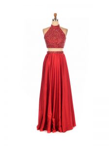 Red Two Pieces Elastic Woven Satin High-neck Sleeveless Beading Floor Length Backless Prom Gown