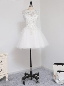 Most Popular White Zipper Scoop Beading and Lace and Appliques Prom Dress Tulle Sleeveless