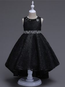 Traditional High Low Lace Up Flower Girl Dresses Black for Wedding Party with Beading