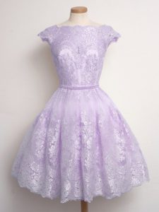 Knee Length Lavender Wedding Guest Dresses Lace Cap Sleeves Lace