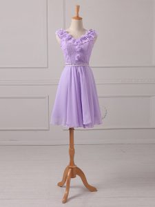 Affordable Lavender Bridesmaid Gown Prom and Party and Wedding Party with Lace and Appliques V-neck Sleeveless Lace Up