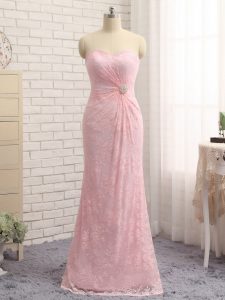 Floor Length Baby Pink Mother Of The Bride Dress Lace Sleeveless Beading and Lace and Appliques
