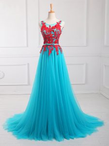 Aqua Blue Prom Party Dress Scoop Sleeveless Brush Train Zipper
