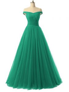 Off The Shoulder Sleeveless Homecoming Dress Floor Length Ruching Green Tulle