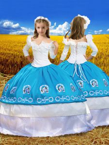 Blue And White Off The Shoulder Neckline Embroidery and Ruffles Kids Pageant Dress 3 4 Length Sleeve Lace Up