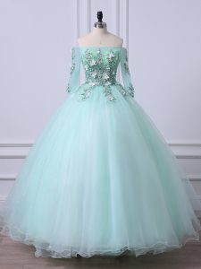 3 4 Length Sleeve Floor Length Beading Lace Up Vestidos de Quinceanera with Apple Green