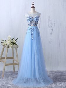 Light Blue Empire Appliques Quinceanera Dama Dress Side Zipper Tulle Sleeveless Floor Length