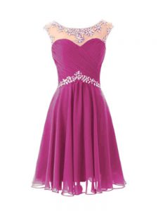 Knee Length Fuchsia Prom Party Dress Scoop Cap Sleeves Zipper