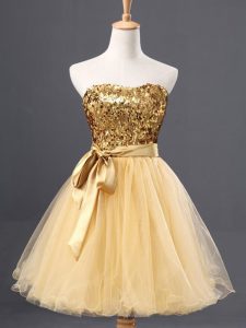 Unique Gold A-line Sweetheart Sleeveless Tulle Mini Length Zipper Sequins Dress for Prom