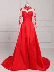 Red Long Sleeves Brush Train Lace and Appliques Going Out Dresses