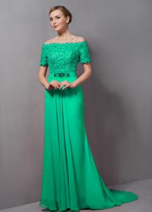 Customized Off The Shoulder Short Sleeves Mother Of The Bride Dress Sweep Train Lace Green Chiffon