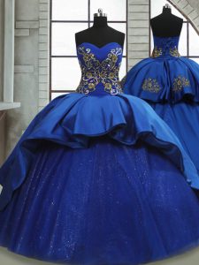 Vintage Sweetheart Sleeveless Sweep Train Lace Up Quinceanera Dress Royal Blue Satin and Tulle
