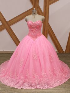 Rose Pink Ball Gowns Tulle Sweetheart Sleeveless Beading and Lace Lace Up Ball Gown Prom Dress Brush Train