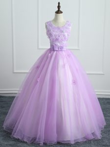 Inexpensive Organza Sleeveless Floor Length Sweet 16 Dress and Lace and Appliques and Bowknot