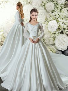 White Lace Up V-neck Lace and Belt Wedding Gowns Taffeta Long Sleeves Chapel Train