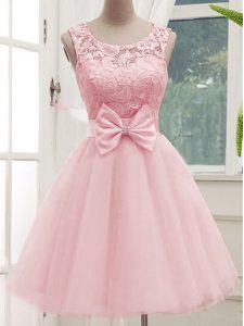 Baby Pink Scoop Neckline Lace and Bowknot Bridesmaid Dress Sleeveless Lace Up