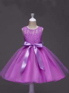 Knee Length Lilac Flower Girl Dress Scoop Sleeveless Zipper