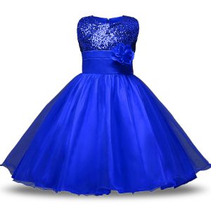 Organza and Sequined Scoop Sleeveless Zipper Belt and Hand Made Flower Flower Girl Dress in Royal Blue