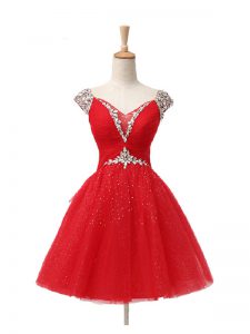 New Arrival Mini Length Lace Up Prom Evening Gown Red for Prom and Party and Sweet 16 with Beading and Sequins