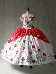 Cap Sleeves Floor Length Embroidery and Ruffles Lace Up 15 Quinceanera Dress with White And Red