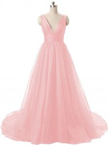 Clearance V-neck Sleeveless Prom Evening Gown Brush Train Ruching Baby Pink Organza