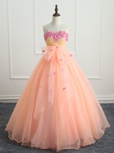 Flare Floor Length Peach Quinceanera Gown Organza Sleeveless Beading and Appliques and Bowknot