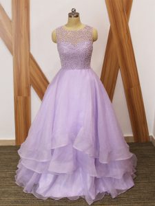 Modern Zipper Military Ball Gown Lavender for Prom and Party and Military Ball with Beading and Ruffles Brush Train