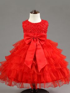 Scoop Sleeveless Toddler Flower Girl Dress Knee Length Ruffled Layers and Bowknot Red Organza