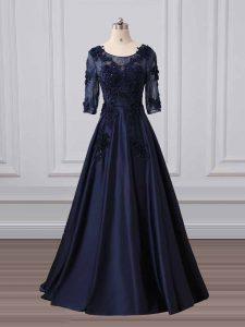 Satin Scoop 3 4 Length Sleeve Brush Train Zipper Lace and Appliques Mother Of The Bride Dress in Navy Blue