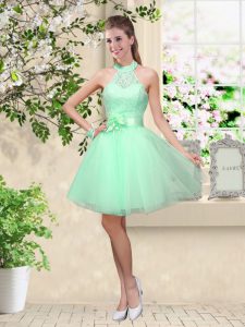 Apple Green A-line Tulle Halter Top Sleeveless Lace and Belt Knee Length Lace Up Court Dresses for Sweet 16