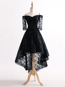 High Low A-line Half Sleeves Black Prom Dress Lace Up