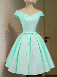 Adorable Turquoise Zipper Off The Shoulder Belt Bridesmaid Gown Taffeta Cap Sleeves