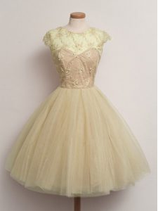 Smart Champagne Scoop Lace Up Lace Quinceanera Court of Honor Dress Cap Sleeves