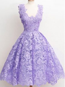 Knee Length Zipper Bridesmaid Dresses Lavender for Prom and Party and Wedding Party with Lace