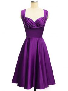 Cheap Knee Length Lace Up Bridesmaid Dress Eggplant Purple for Prom and Party and Wedding Party with Ruching