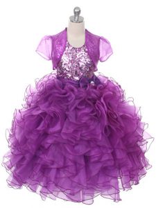 Purple Scoop Lace Up Ruffles and Sequins and Bowknot Little Girls Pageant Dress Sleeveless