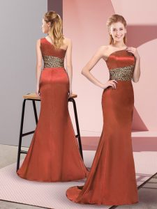Rust Red Sleeveless Elastic Woven Satin Side Zipper Prom Dress for Prom and Party
