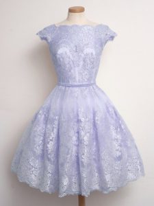 Gorgeous Scalloped Cap Sleeves Quinceanera Court Dresses Knee Length Lace Lavender Lace