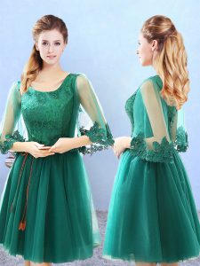 Lace and Appliques Wedding Party Dress Green Lace Up 3 4 Length Sleeve Knee Length