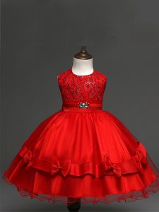 Red Scoop Neckline Lace and Bowknot Flower Girl Dresses for Less Sleeveless Zipper