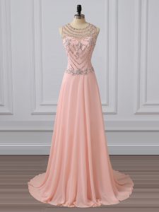 Side Zipper Peach for Prom and Military Ball and Sweet 16 with Beading Brush Train
